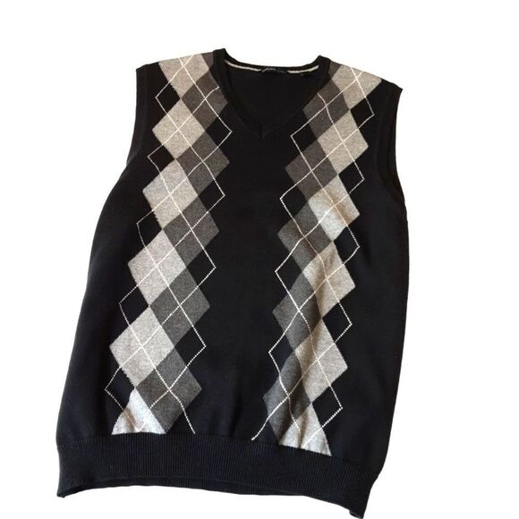 VAN HEUSEN Argyle Sweater Vest Black Gray V-Neck  Classic Retro Size L - Picture 1 of 6